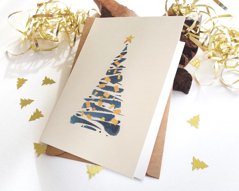 Christmas Cards. Set of 6 - Abstract Blue Christmas Tree - Holiday Season Greetings Smooth