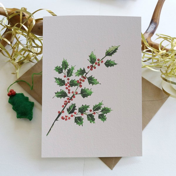 Weihnachtskarten. 6 Karten im Set ""Blätter und Berries""." Ilexzweig. Ursprünglich handgemalte minimalistische Weihnachtsgrußkarten