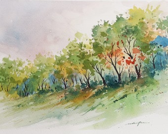 Colorful Row of Trees Landscape. Original watercolor painting. Nature Painting. Wall Art