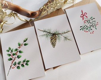 Christmas Cards. Set of 3 Assorted Cards. Holly Leaves. Pine Cone. Red Ribbon Mistletoe. Originally Hand painted Holiday Greeting Cards