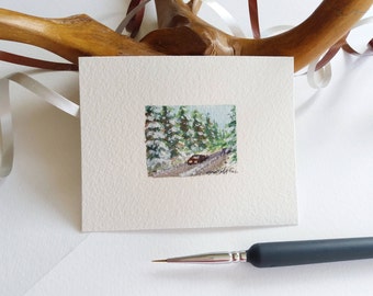 Miniature Painting. Road through Evergreen Forest. Tiny Landscape Painting. Original watercolor painting