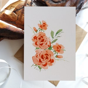 Juego de tarjetas. Tarjeta floral. Tarjetas de felicitación y notas en blanco plegadas con rosas de color melocotón. Opciones de textura de la tarjeta. Originalmente pintadas a mano.