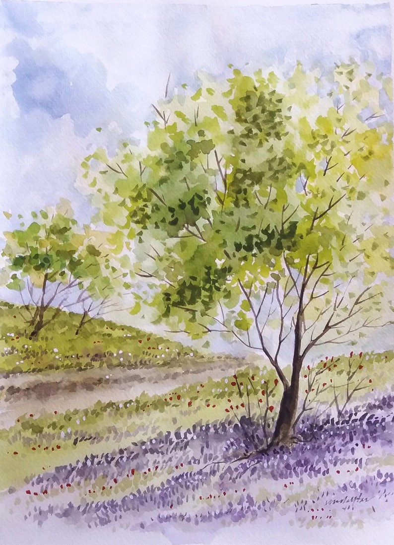 Spring Landscape. Bluebell Wood. Bluebell Field. Original Watercolor Painting image 1