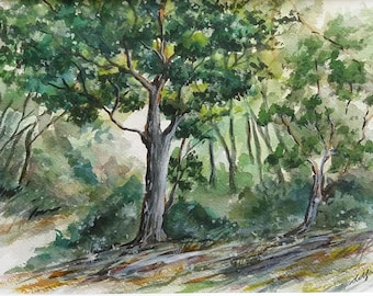 Green Forest Original watercolor Landscape Painting. Woods. Nature Wall Art