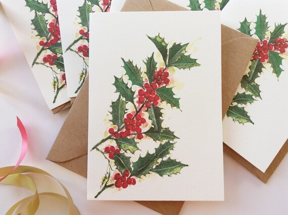 Hand painted wooden Christmas postcard holly