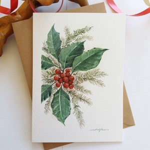 Carte de Noël peinte à la main. Feuilles de houx. Baies de houx. Carte Aquarelle. Mini tableau d'art
