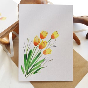 Biglietto floreale - Tulipani gialli Biglietti di auguri e biglietti di auguri vuoti piegati - Opzioni di texture del biglietto - Originariamente dipinti a mano