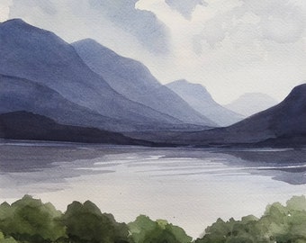 Mountain Range, Mountain Lake, Blue Mountains, Blue Sky, Watercolor Landscape, Vertical Painting, Original Watercolor Painting