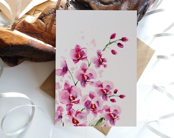Kartenset. Blumen Karte. Rosa Orchideen gefaltete leere Notiz und Grußkarten - Optionen für die Kartentextur - Ursprünglich handbemalt