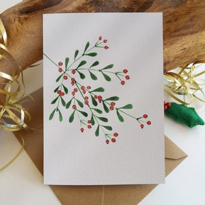 Cartes de Noël. Lot de 6 cartes « gui ». Cartes peintes à la main à l'origine, cartes de voeux de Noël vierges pliées