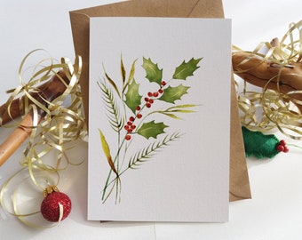 Botanical Card Set - Holly Leaves and Berries Ornaments - Folded Blank Note / Greeting Cards - Card texture option - Originally Hand painted