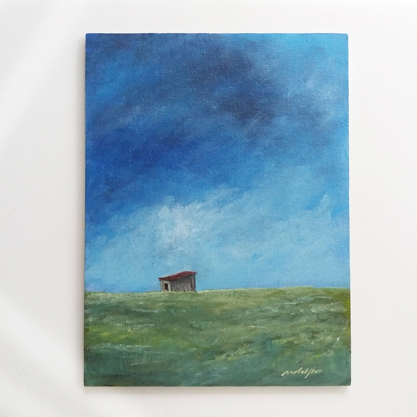 Acrylic Painting. Original landscape painting on Flat Canvas Panel. Field Barn. Farm Hut.