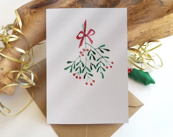 Christmas Cards. Set of 6 - Mistletoe with Red Ribbon - Holiday Season Greetings