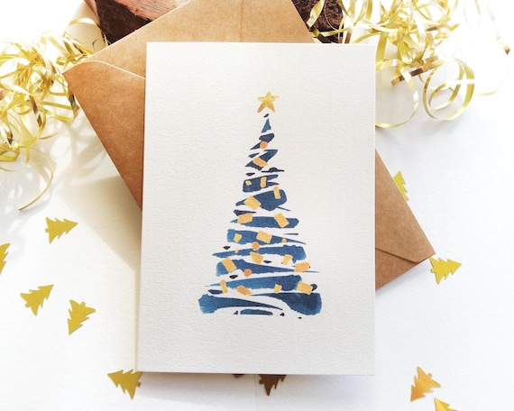 Christmas Cards. Set of 6 - Abstract Blue Christmas Tree - Holiday Season Greetings