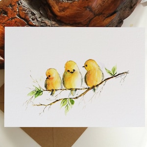 Set di biglietti. Biglietto di auguri con uccelli. Uccelli gialli carini - Biglietto di auguri vuoto piegato, biglietto di auguri. Originariamente dipinto a mano
