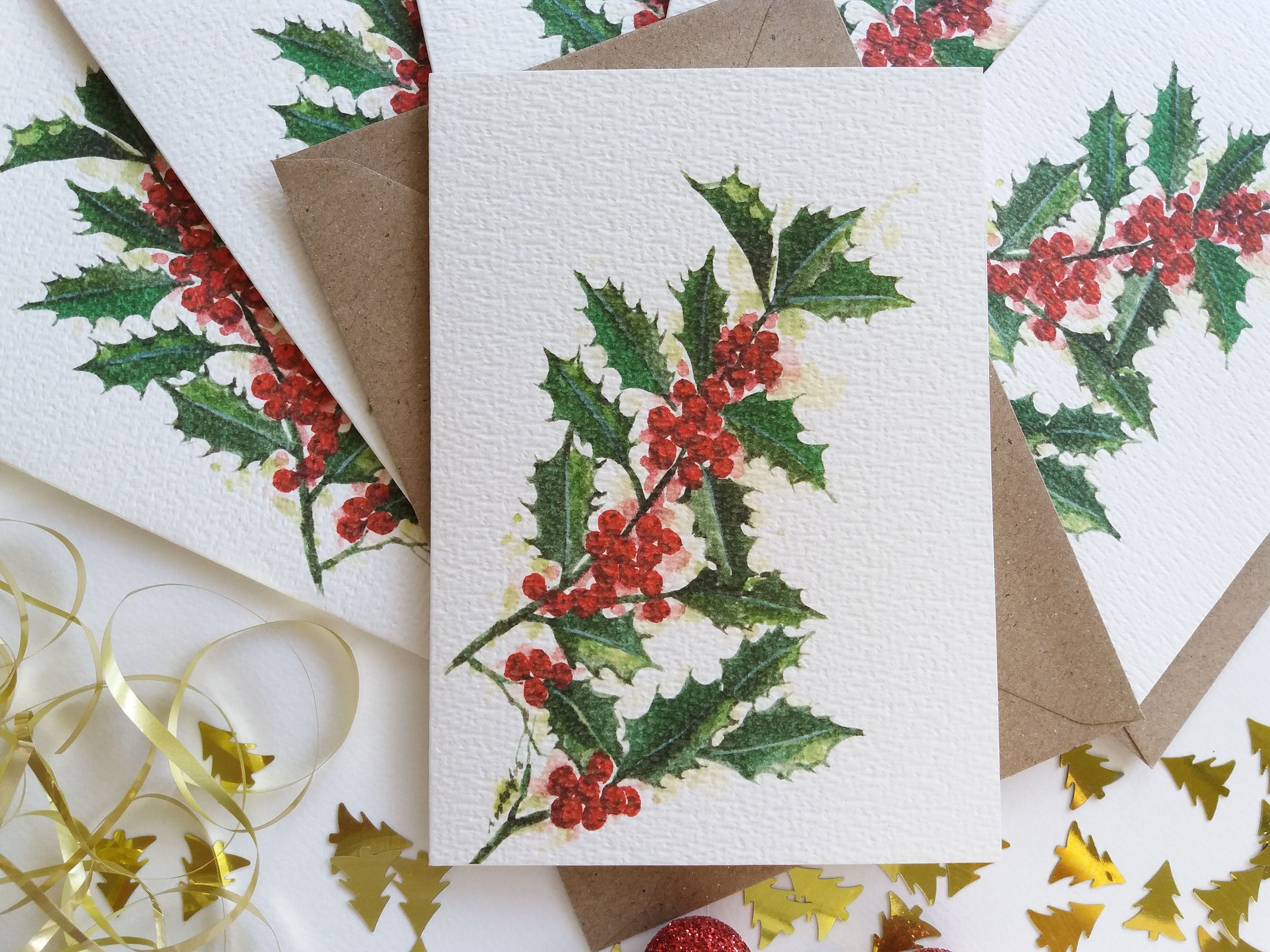 Hand painted wooden Christmas postcard holly