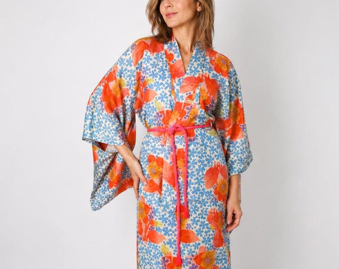 Blue Antique Japanese Kimono with Silk belt / Hitoe /Kumihimo Obijime / Japanese Handcraft / Sexy dressing gown / Rare colours