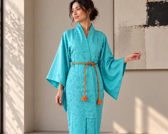 Japanese Hanami Kimono Robe in Okinawa blue with silk belt / easy care fabric / sexy dressing gown / Lounge Wear /