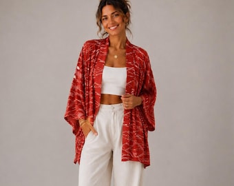 Red Kimono Jacket, Japanese Haori, Silk Summer Jacket, Kimono Jacket, ships from Germany