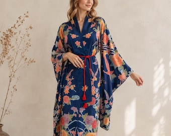 Okinawa Bingata Kimono | Vintage Japanese Kimono | Indigo Floral Kimono | Okinawan Textile Art | Japanese Vintage Robe | Japan Gift