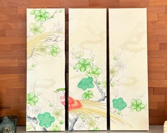 Phönix Three piece Wall Silk Panel handmade from Japanese Kimono,  Triptych Canvas, One of a Kind