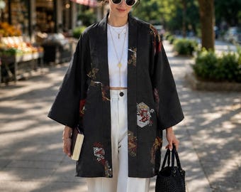 Black Elegant Japanese Kimono Jacket with woven in pattern, Original Japanese Haori, hand-sewn silk, Opera Evening