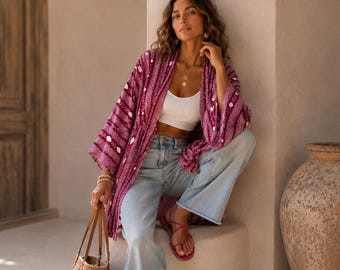 Japanese stylish berry red Kimono Jacket made with Shibori Batik, Haori, Silk Kimono Jacket,  ships from Germany