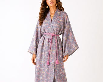 Lilac Japanese Kimono Robe with silk belt / Easy Care / sexy dressing gown / Lounge Wear / with silk belt