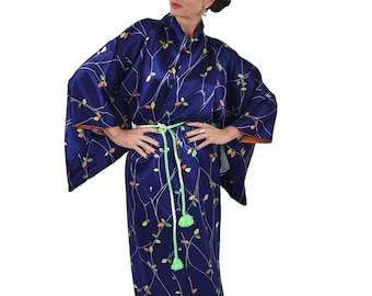 Japanese Vintage Kimono Robe in royal blue Rinzu silk including silk belt