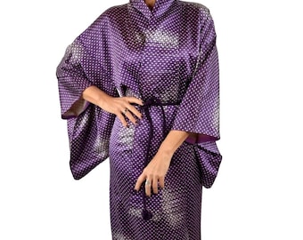 Purple Kimono Robe made of Rinzu silk including Obijime silk belt / traditional Japanese craftsmanship / sexy dressing gown / handsewn