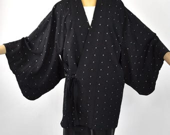 Black Kimono Blouse, Short Kimono Jacket with white dots, Original Japanese Dochugi, hand-sewn silk, Opera Evening
