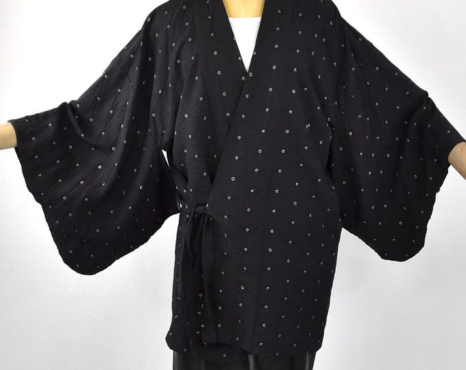 Black Kimono Blouse, Short Kimono Jacket with white dots, Original Japanese Dochugi, hand-sewn silk, Opera Evening