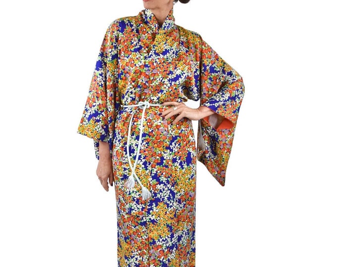 Japanese Vintage Kimono Robe in royal blue silk with cheerful flower pattern including silk belt