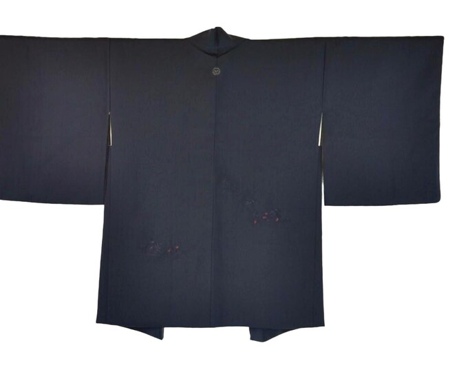 Black Elegant Japanese Kimono Jacket with emboidered flower pattern, Original Japanese Haori, hand-sewn silk, Opera Evening