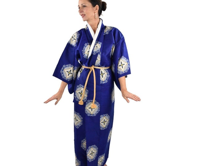 Antique Meisen Ikat Kimonos Blue with Obijime Belt / Timeless Elegance from 1920s Japan