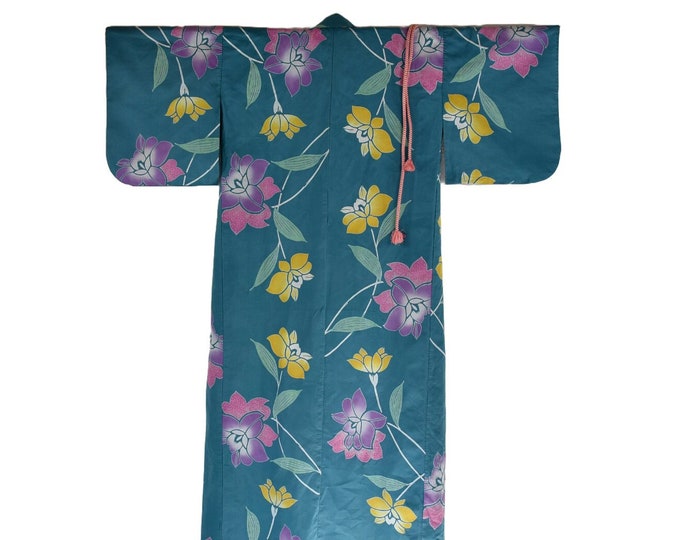 Japanese Yukata "Okinawa",  Kimono in turquoise blue with silk Obijime belt, Cotton, Japanese Kimono, Cleaned Vintage, Present for her