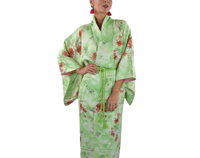 Japanese Kimono Robe in green with silk belt / easy to care fabric / sexy dressing gown / Lounge Wear