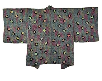 Japanische Kimono Jacke Schwarz mit Punkten aus gebatikter Seide / Shibori Batik Seide mit Neonfarben / Wabi Sabi / Kimonomädchen