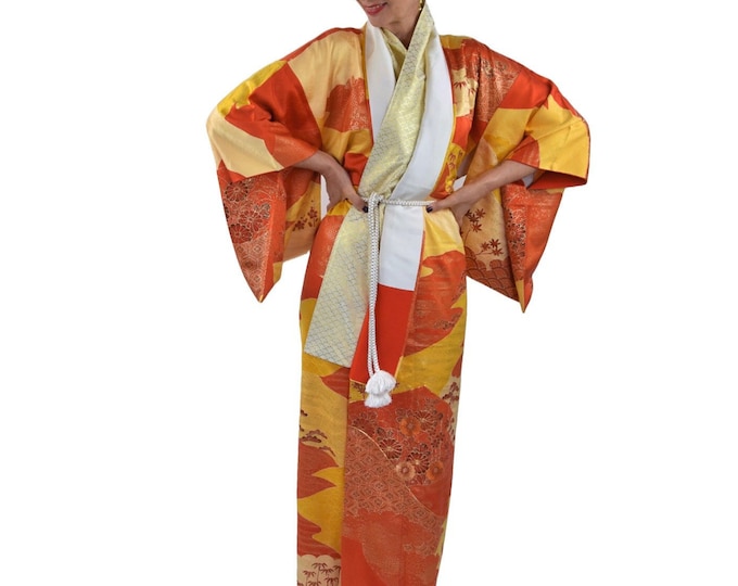 High Class Furisode Kimono in orange with beautiful flower pattern including Silk Obijime Belt / Japanese Silk  / Wearable Art / Wall deco