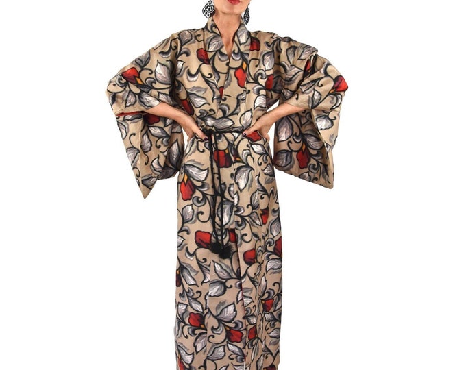 Antique Silk Kimono Robe, Japanese Meisen Ikat, brown creme color,  Antique Robe Silk, Ladies Japan Kimono with Silk cord belt, Kaftan