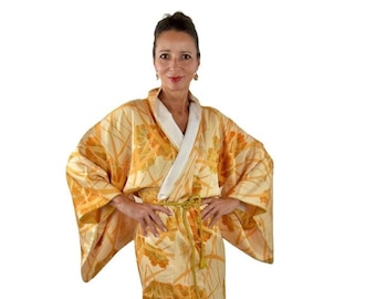 Ochre Japanese Kimono Robe with flower pattern including silk Obijime belt, Japan lovers, house gown