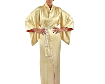 Japanese Kimono Robe made of  high quality Rinzu silk in cream color including silk belt
