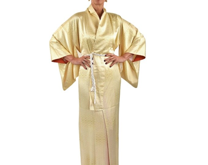 Japanese Kimono Robe made of  high quality Rinzu silk in cream color including silk belt