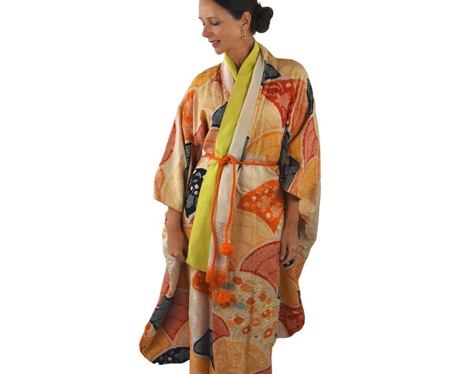 High Class Furisode Kimono  / cleaned Vintage / silk Kimono / Japan / handmade Shibori Batik / Wearable Art / orange