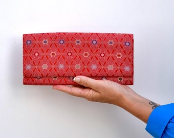 Red Square Kimono Clutch, Elegant handbag made of Kimono silk, woven in silver and gold pattern, bridal bag, present for her