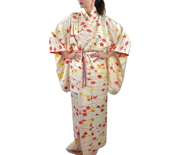Japanese Kimono with orange and red sakura blossoms on cream colored silk with silk belt  /dressing gown / Lounge Wear