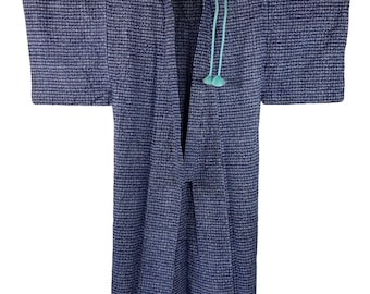Kimono for Him in Indigo blue with silk Obijime belt, Cotton, Japanese Kimono, Yukata, Cleaned Vintage, Present for him or her