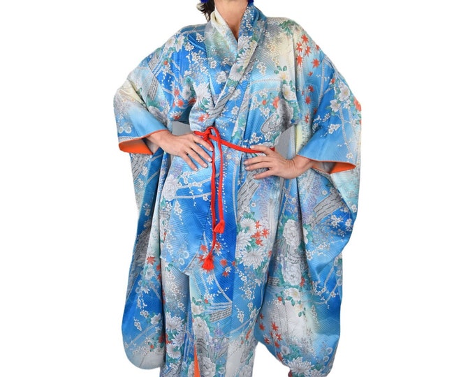 Furisode Kimono in blue with beautiful Peony flower pattern including Silk Obijime Belt / Japanese Silk  / Wall decoration /  Wearable Art