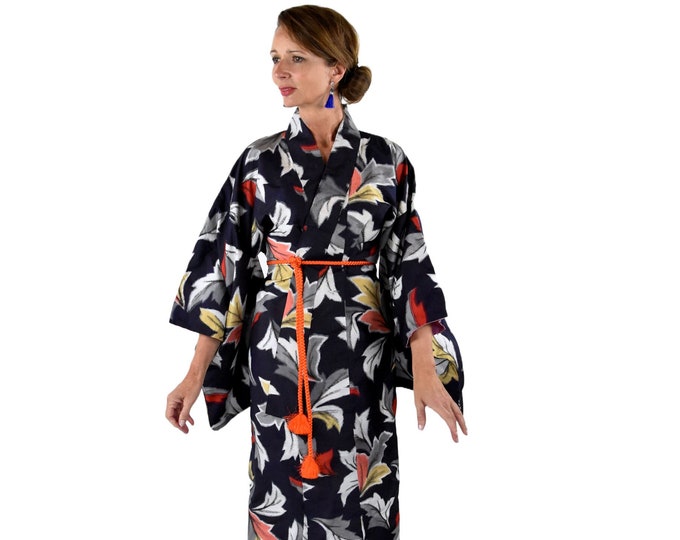 Dark Blue Kimono / Japanese Meisen Ikat  / Antique Kimono Robe Silk /  Ladies Japan Kimono with Silk cord belt / Kaftan / Dressing gown