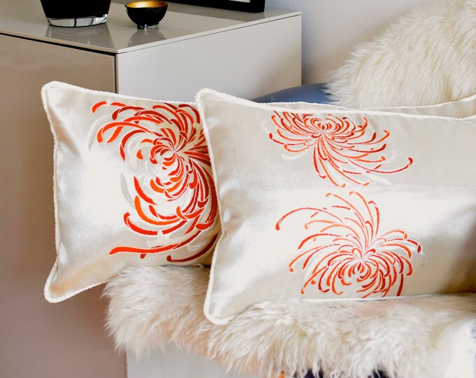 Obi Throw Cushions made of Japanese Vintage Silk in off white with fire lilies, limited edition,  rare pieces, Japanese precious cushion